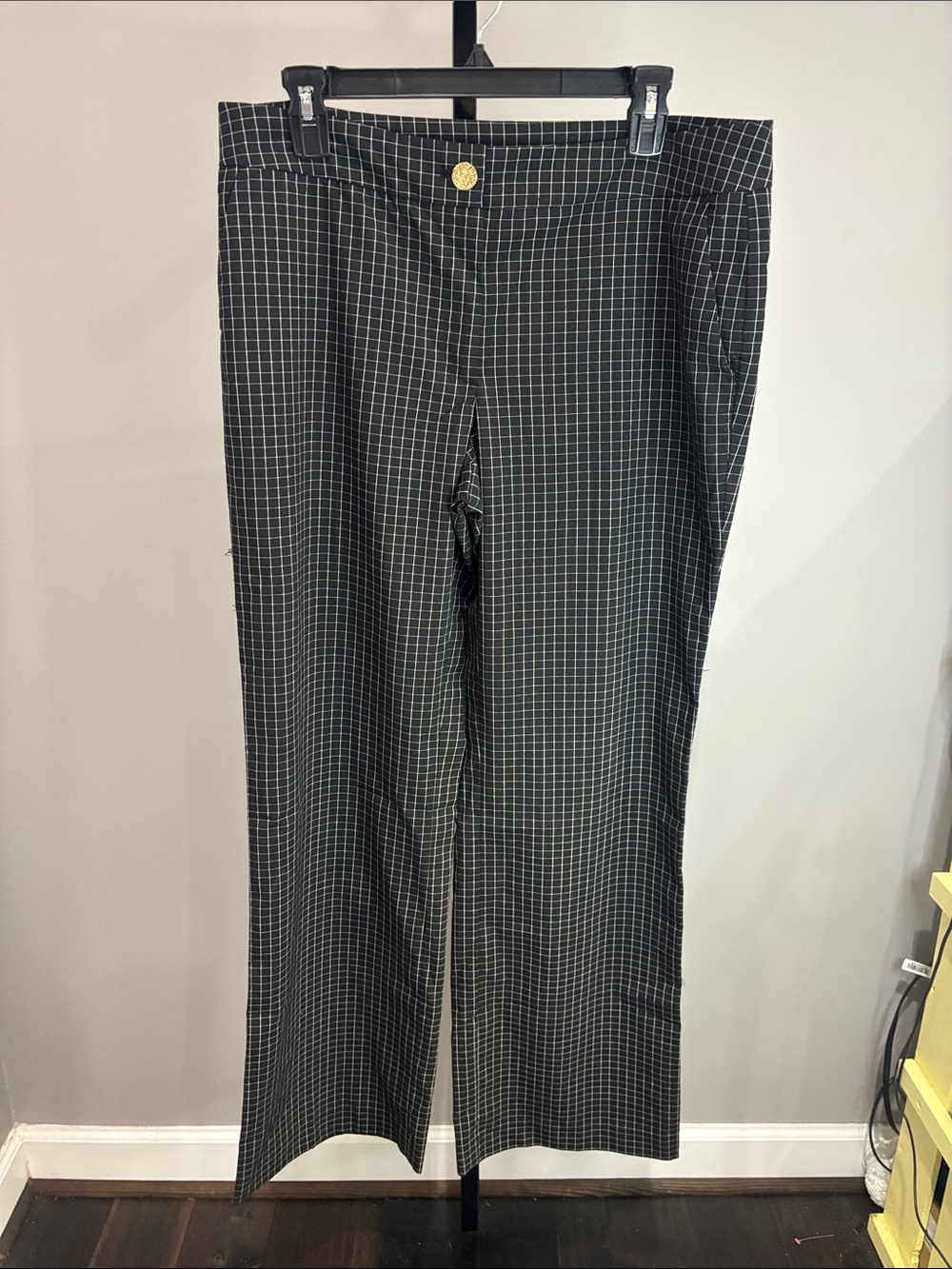 Anne Klein Black and White Wide Leg Windowpane Pants with Gold Accent Sz 10